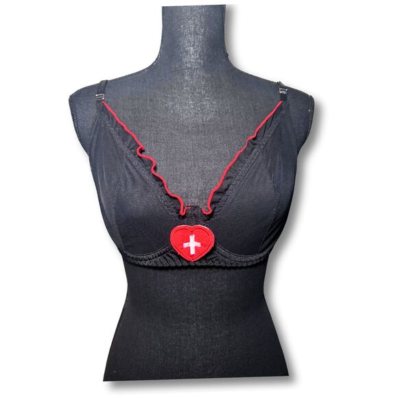 Black & Red Sexy Emo Alternative Punk Gothic Nurse Costume Lingerie Bra Top XL - Picture 2 of 5